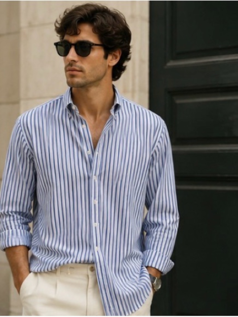 American Living Blue & White Vertical Stripe Button-Down Shirt